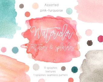 High quality hand-painted watercolor splashes, spots, seamless pattern textures in assorted range of colors light pink, greige, beige, teal