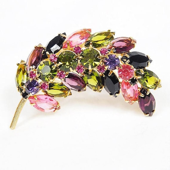 Rhinestone Domed Leaf Brooch / Multi Colored / Dimensional