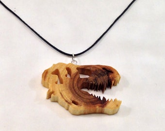 T-Rex Skull Necklace made from Elm wood disk - hand cut with scroll saw - FREE GLOBAL SHIPPING