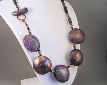 Handcrafted Choker Necklace - Hammered Purple Copper Pearls and Fiber Lentil No. 153
