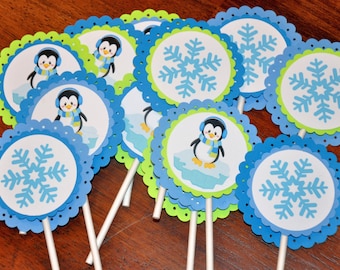 Cupcake Toppers. Penguin Winter Wonderland Cupcake Toppers Set of 12 / Winter Onederland Choose Boy or Girl