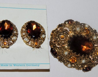 West Germany Filigree Brooch and Earring Set