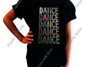 Girls Rhinestone / Rhinestuds T-Shirt " Dance, Dance Dance " Neon Retro, in Size 3 to 14