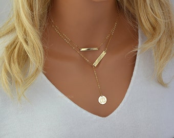 Layered Necklace, Monogram Gold Necklace Engraved, Personalized Necklace Y, Initial Necklace, Name Plate Necklace, Custom Engraved Bar