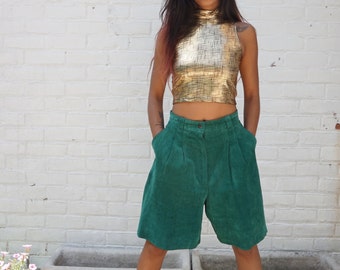 1980s Shorts Vintage Green Suede Leather Bermudas