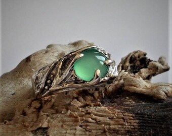 Bague chrysoprase, argent sterling, bague feuille, unisex