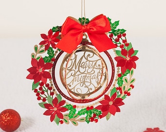 Red Laser Cut Christmas Card// Papercut Christmas wreath // Tree Decoration