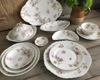 Haviland Limoges Dinnerware Set, 54 Piece Set, France Serving Set, Pink Floral Cabbage Roses, 1890's Haviland Co, Collectible China
