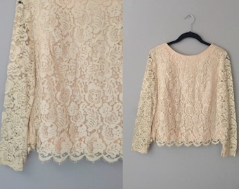 Cream Lace Blouse Small - Vintage 60s Off White Lace Top - Lace Blouse For Women - Long Sleeves Boho Lace Top