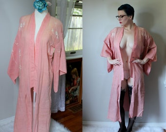 Josephine Kimono // Antique 1890's Hand Embroidered Tissue Thin Pale Pink Linen Kimono w/Floral Embroidery Women's Vintage One Size AS IS