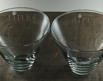 Set of etched stemless martini glasses- dirty & filthy