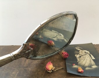 Antique Victorian hand mirror Sterling Silver Vanity mirror with monogramm Antique monogrammed mirror Dresser accessory Silver tone mirror