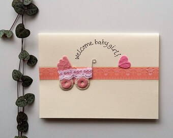 Welcome Baby Girl - Baby Pram Card - a6 new baby card, new baby girl card, it's a girl card, handmade card, new arrival card, recycled card
