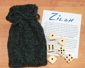 Zilch dice game with handknit bag
