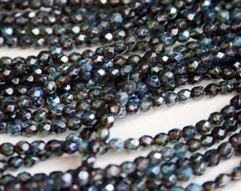 Sapphire Picasso - 4mm Fire Polished Beads - Czech Glass Faceted Rounds
