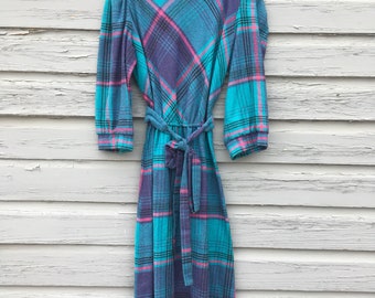 1970s Plaid, 3/4 Sleeve, Belted Dress