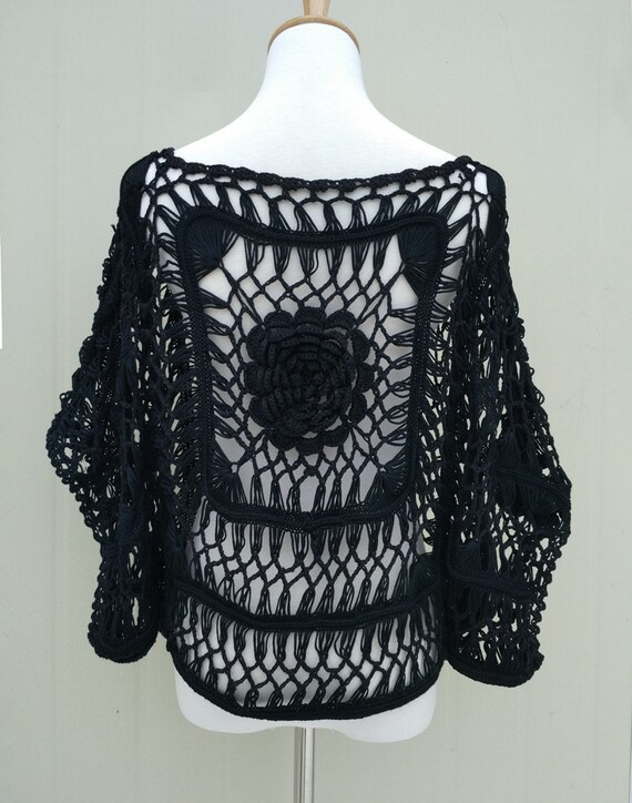 Black Crochet Floral Blouse Kimono Sleeve