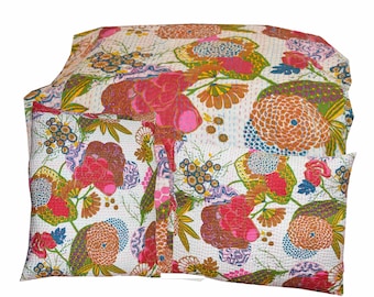 Indian handmade Kantha quilt With Shams bedspread bedsheet bedcover Pillow cover Cushion cover Vintage Queen size Floral Print quilt & Shams