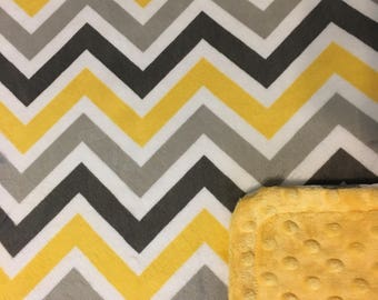 Minky Blanket Yellow, Grey, and White Chevron Minky with Yellow Dimple Dot Minky Backing - Perfect Size a Toddler or Child