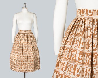 Vintage 50s Egyptian Novelty Print Skirt with Pockets | 1950s Brown Cream Striped Linen Full Skirt (small)