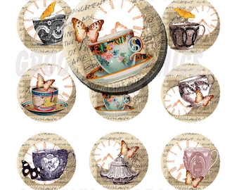 Vintage teacups 1 inch circles bottle cap images - Pendant making - Key chains - Magnets - Digital collage sheet - Instant download