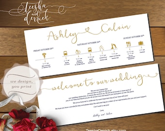 Printable Wedding Timeline card design (t0168), Wedding Itineraries, with welcome note for Welcome Bags in typography theme.