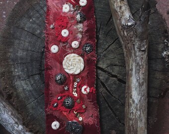 Boho textile cuff | red velvet, cuff, red boho cuff, shabby cuff, tattered textile cuff, fabric cuff, assemblage jewelry, bohemian cuff