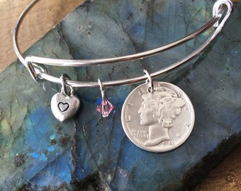 Mercury Dime Bangle Bracelet, Dime Bracelet, Dime Bangle Bracelet, Silver Bangle, Birthday Bangle Bracelet, Mercury Dime Jewelry, Gift Women