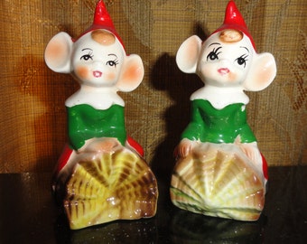Retro 1950s Enterprise Exclusives of Japan Elves Pixies Sitting on Logs Salt and Pepper Shakers