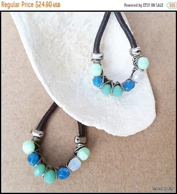 SALE Leather drop earrings, Chandelier Wire Earrings, Large Dangle Earrings, Big Womens Earrings, Blue Wire Earrings, Womens Mint Earrings
