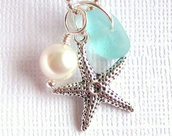 Genuine Sea Glass Jewelry Seafoam Sea Glass Necklace Starfish Charm Beach Jewelry Sea Glass Starfish Beach Wedding Jewelry