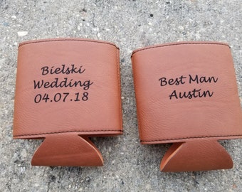 Personalized Engraved Leather Beverage Holder, Custom Can Holder, Wedding Favors, Can Cooler, Bridesmaid Gift, Groomsman Gift, Wedding Gifts