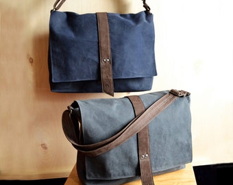Custom Mens Messenger Bag, Personalized Waxed Canvas Satchel, Guys Office Work Bag, Crossbody Laptop Bag - The Sloane Custom Color Option