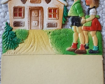 Vintage German Die Cut Embossed Calendar Topper Children Cottage Hansel and Gretel