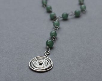 Semi Precious Adventurine Gemstone Bead Necklace with 925 Sterling Silver Wirework Spiral