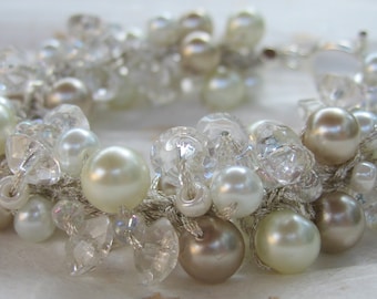 Pearl Crystal Bridal Bracelet, Wedding Elegance, ICED CHAMPAGNE and PEARLS Unique Hand Knit, Exclusive Original by Sereba Designs