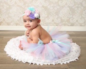 Birthday Tutu Outfit - Cake Smash Outfit Girl - Tutu Set - First Birthday - Pastel Tutu - Pink Lavender Teal - Newborn Tutu Baby Tutu