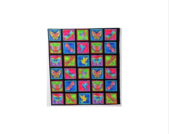 Laurel Burch Oop FLYING COLORS II Fabric Panel Black Background 30 Blocks 22 X 24