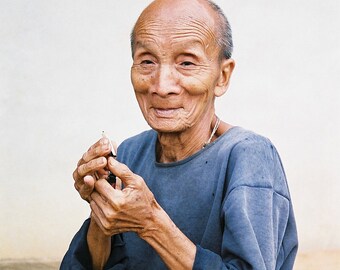 Old men smoking a cigarette in front of his house, Thailand