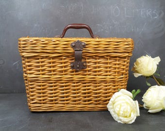 Antique French Wicker Fishing Creel Basket. Rustic Charm