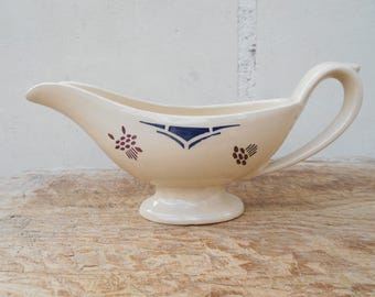 French antique gravy and sauce boat, gravy boat, French tableware, hand painted beige blue red geometric decor, earthenware sauceboat.