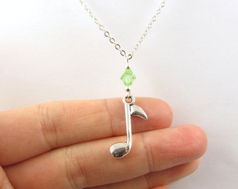 Music Note Necklace- choose a birthstone, Music Note Jewelry, Music Necklace, Music Jewelry, Music Birthstone, Music Pendant, Eighth Note
