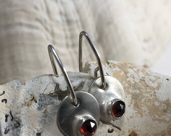 Petite Sterling Silver and Garnet Disc Earrings-Crimson Sun