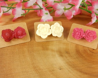Flower Studs, Floral Earrings, Pink Flower Studs, Cream Flower Earrings, Rose Bud Studs
