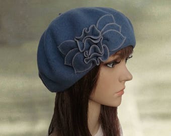 Blue french beret, Stylish felt beret, Felt wool beret, Beret with applique, Classic felt beret, Felted wool beanie, Embellished beret