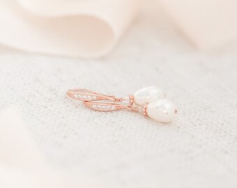 Bridal Earrings Rose Gold, Pearl Earrings, Pearl Wedding Earrings, Teardrop Earrings