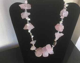 Rough-cut rose quartz necklace