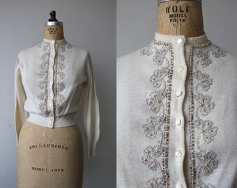vintage 1950s sweater / 1950s cardigan sweater / 50s beaded cardigan / 50s cream white faux pearl beaded sweater / medium large