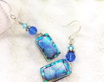 Fused glass jewelry, dichroic glass earrings, fused glass art, dichroic glass, earrings handmade, blue earrings, trending now, artistic