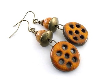 Handmade Earrings, Ceramic Earrings, Orange Honeycomb Earrings, Rustic Earrings, Boho Earrings, Artisan Earrings, Long Earrings, AE191